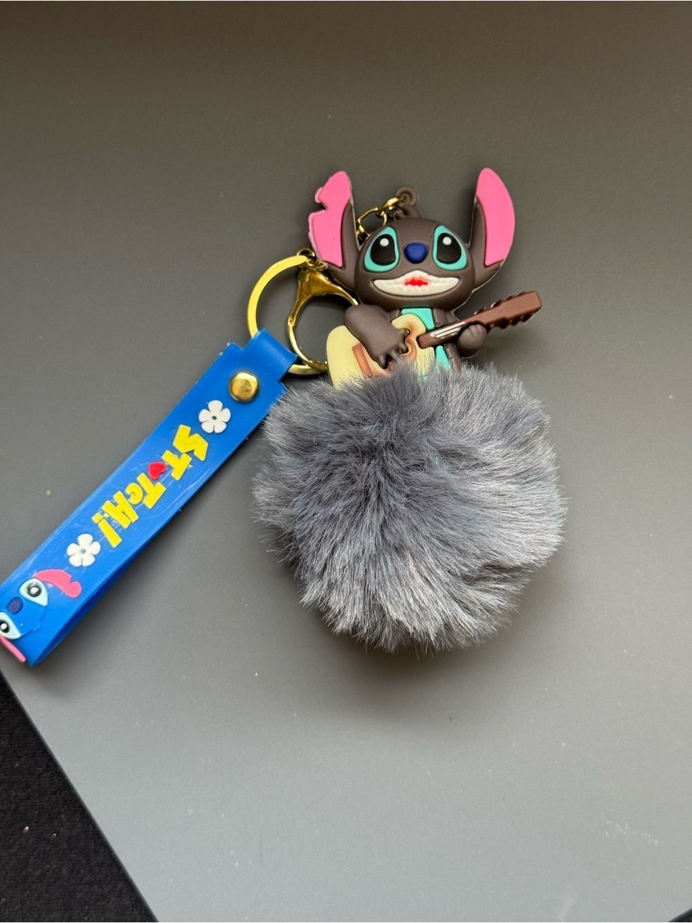 Blue Stitch Fluffy Pom Pom Keychain Bag Charm with Guitar Charm NIP - Picture 8 of 9